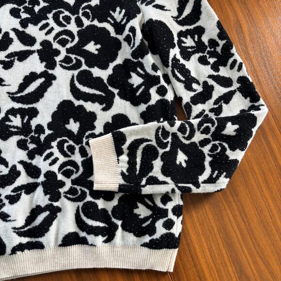 Alice + Olivia 100% Wool Sweater Black and Cream Floral Embellished Knit - Picture 9 of 12